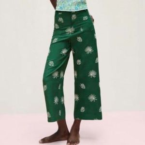 NWT GREEN PALM EMBROIDERED PANTS CULOTTES WIDE LEG